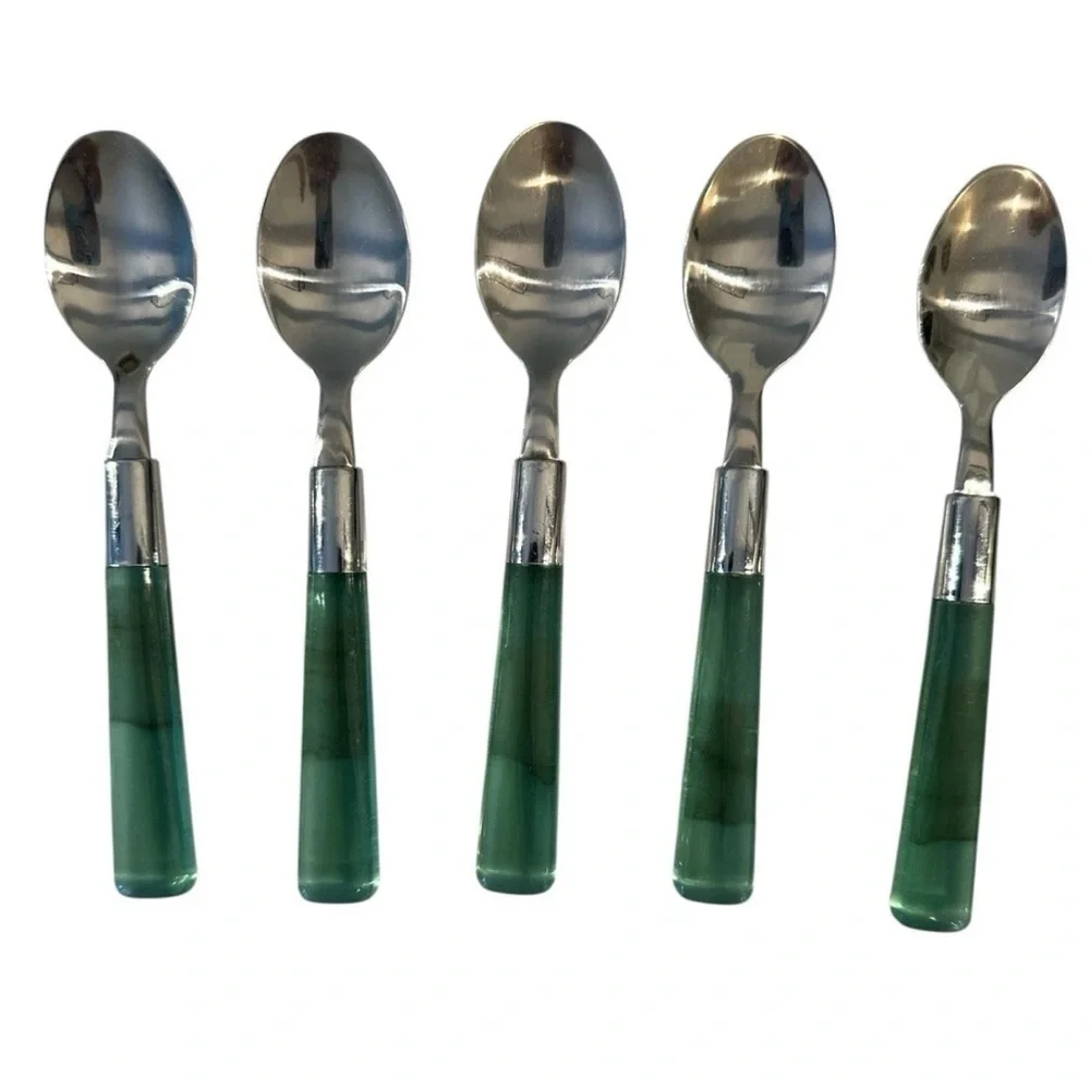 Vintage Emerald Green Acrylic Handle Stainless Flatware Set of 5 Spoons